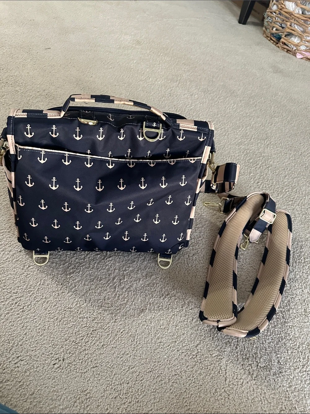 NWOT Ju-Ju-Be Navy and Tan Striped Convertible Baby Bag